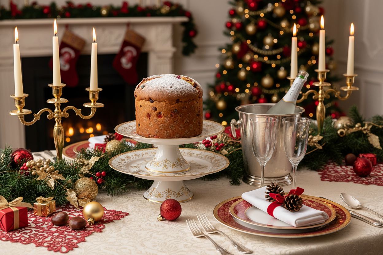 una tavola allestita per natale con un panetrtone e spumante